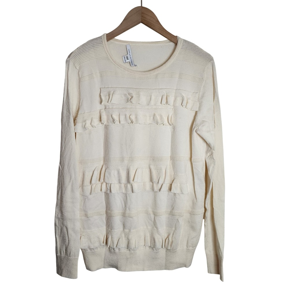 Diane von Furstenberg Sweater Womens L Cream Ruffle Merino Wool Viscose Blend